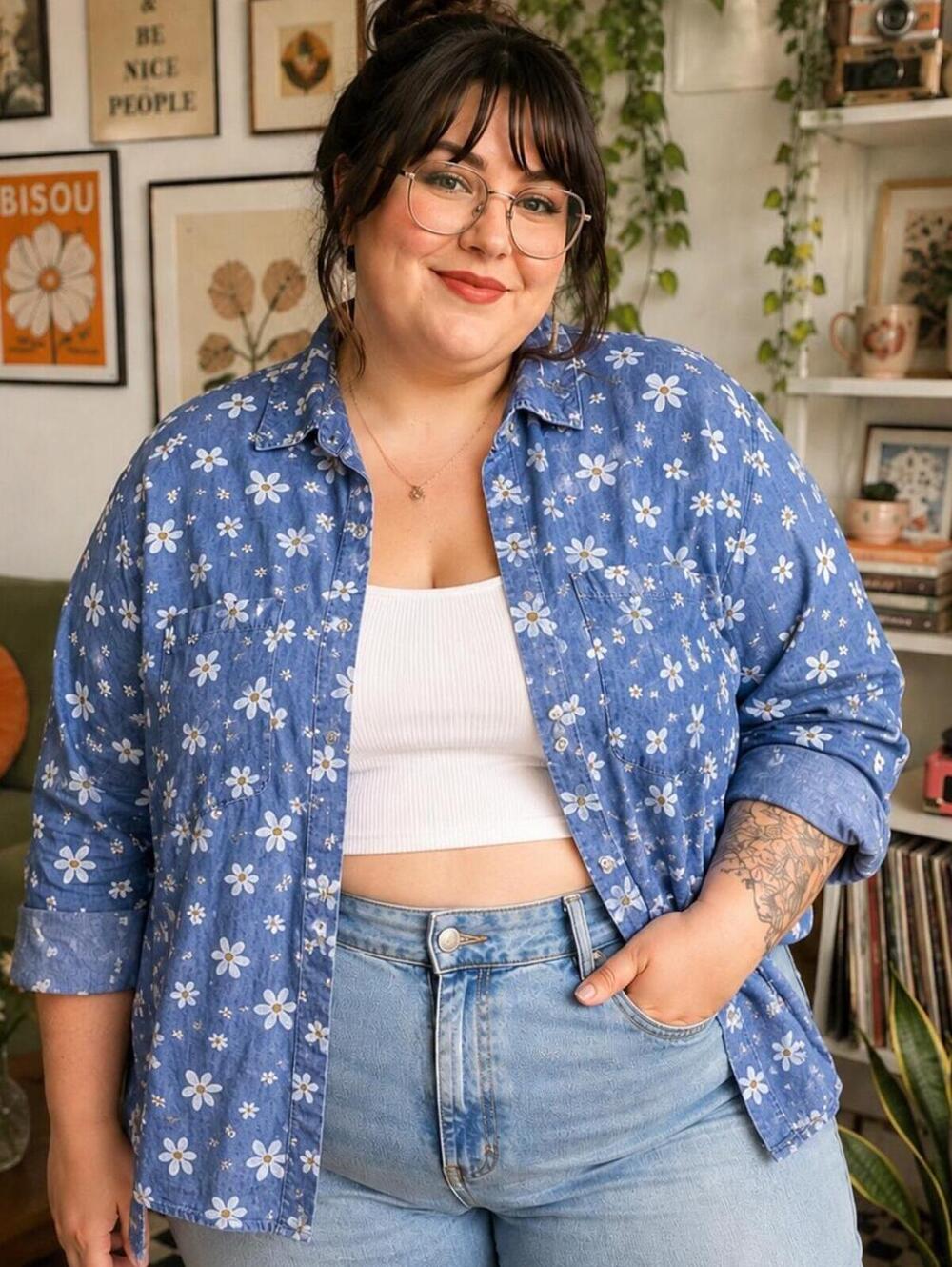 Y2K Daisy Print Chambray Tie Back Blouse Plus Size 26/28W Cotton Lyocell